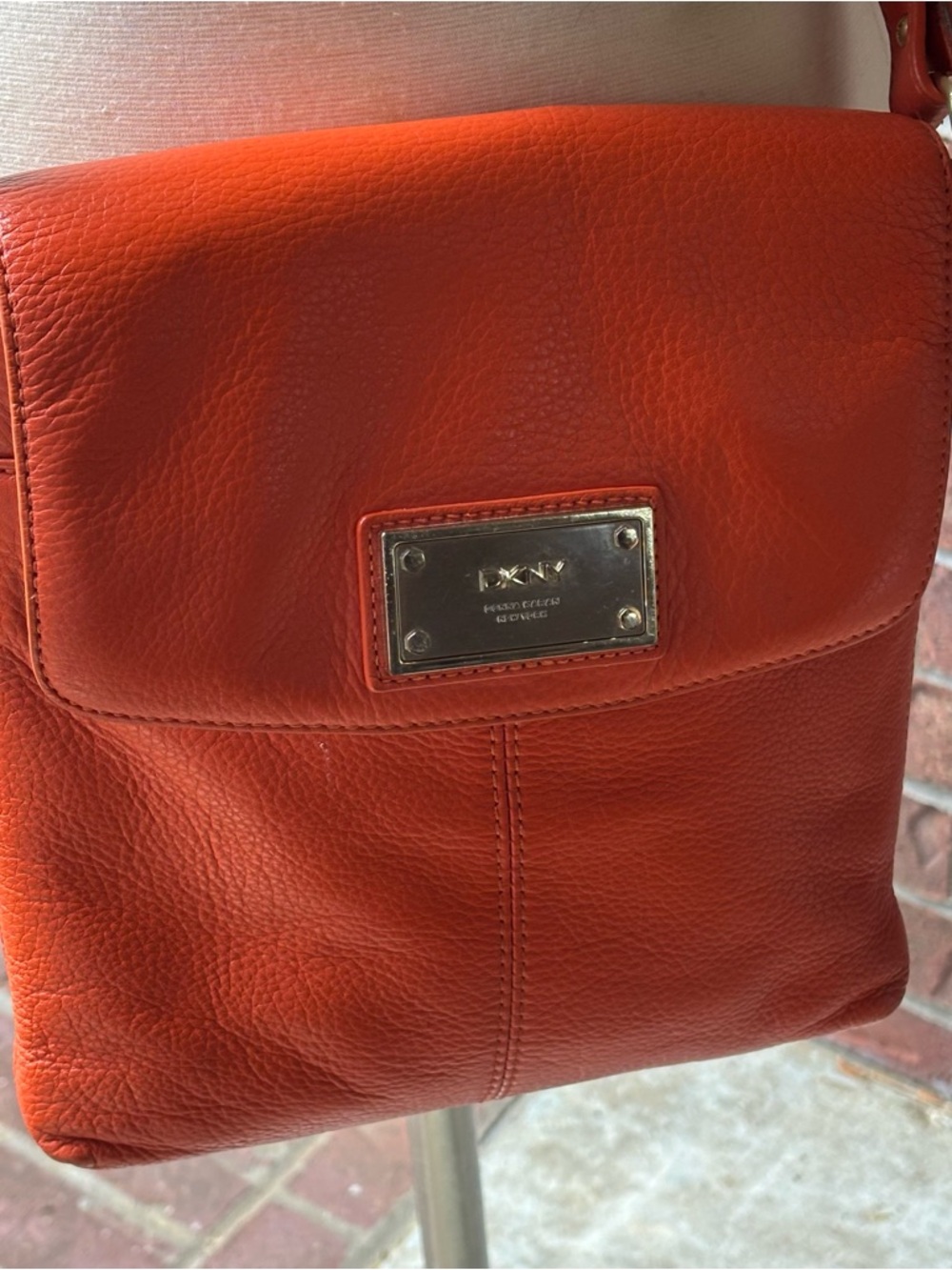 DKNY Orange Pebble Leather Crossbody Bag Gold Metal Logo Plate Large Back Pocket